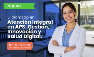 Card del programa relacionado Diplomado en Atención Integral en APS: Gestión, Innovación y Salud Digital, ilustrada con una profesional de la salud frente a un centro de atención; aparece como opción complementaria de gestión sanitaria.