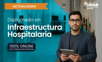Card del programa relacionado Diplomado en Infraestructura Hospitalaria, ilustrada con un profesional en una recepción hospitalaria con señalética y áreas clínicas desenfocadas; aparece como opción complementaria de gestión sanitaria.