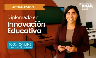 Profesional femenina en oficina con tablet, banner actualizado de diplomado relacionado  en innovación educativa.