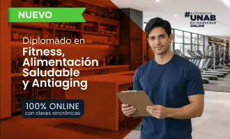 Card del programa relacionado Diplomado en Fitness, Alimentación Saludable y Antiaging, ilustrada con un gimnasio moderno con máquinas de ejercicio, ventanales amplios y revestimientos de madera; aparece como opción complementaria de actividad física y rendimiento.