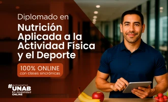 Card del programa relacionado Diplomado en Nutrición Aplicada a la Actividad Física y el Deporte, ilustrada con un espacio luminoso de asesoría nutricional con frutas, verduras y superficies de trabajo; aparece como opción complementaria de actividad física y rendimiento.