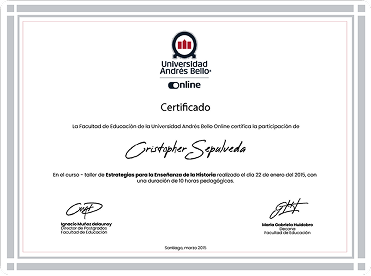 Certificado de mercadeo digital de la Universidad Andrés Bello Online con el texto 35 años de experiencia