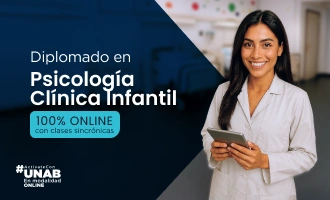 Card del programa relacionado Diplomado en Psicología Clínica Infantil, ilustrada con una consulta psicológica luminosa con elementos cálidos para la atención de niños y sus familias; aparece como opción complementaria de educación y convivencia.
