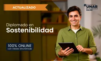 Card del programa relacionado Diplomado en Sostenibilidad, ilustrada con pieza gráfica institucional en tonos azul oscuro y amarillo con el texto “Diplomado en Sostenibilidad”; aparece como opción complementaria de cambio organizacional.