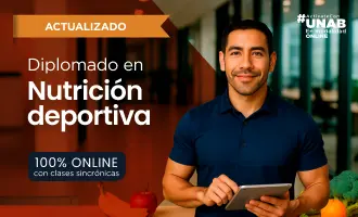 Card del programa relacionado Diplomado en Nutrición Aplicada a la Actividad Física y el Deporte, ilustrada con un espacio luminoso de asesoría nutricional con frutas, verduras y superficies de trabajo; aparece como opción complementaria de salud mental interdisciplinaria.