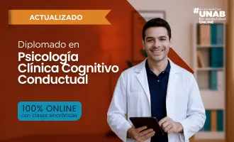 Card del programa relacionado Diplomado en Psicología Clínica con Enfoque en Terapia Cognitivo Conductual, ilustrada con una consulta psicológica contemporánea con cortinas verdes y una lámina clínica enmarcada; aparece como opción complementaria de intervención psicológica.