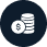 Ícono circular azul con monedas blancas para consultar información sobre arancel de formación en cumplimiento laboral.