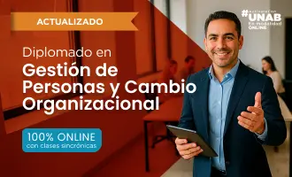 Card del programa relacionado Diplomado en Gestión de Personas y Cambio Organizacional, ilustrada con una sala de reuniones con colaboradores y mobiliario corporativo; aparece como opción complementaria de gestión laboral.
