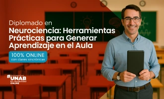 Card del programa relacionado Diplomado en Neurociencia: Herramientas Prácticas para Generar Aprendizaje en el Aula, ilustrada con un aula con pizarra verde, pupitres y ambiente escolar; aparece como opción complementaria de educación inclusiva.